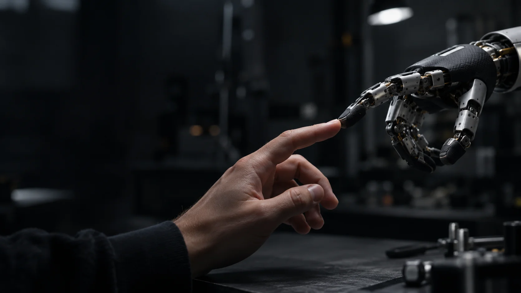 A bionic hand and a human hand touch in a research laboratory