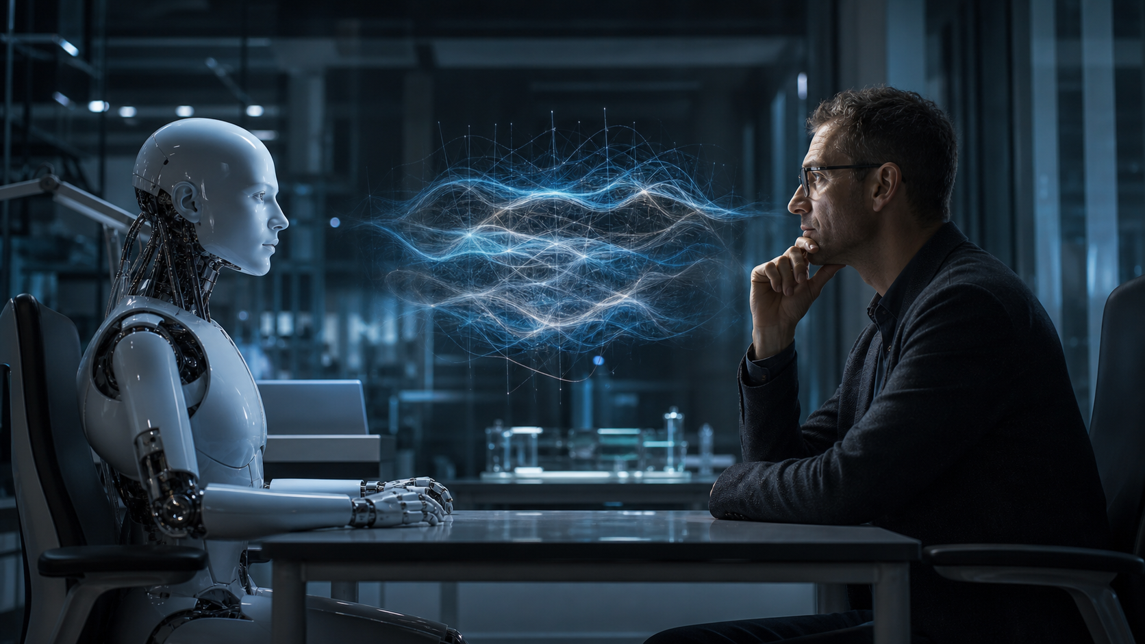 Forscher betrachtet einen humanoiden Roboter in einem Labor [Contenuto visivo creato con l’IA]