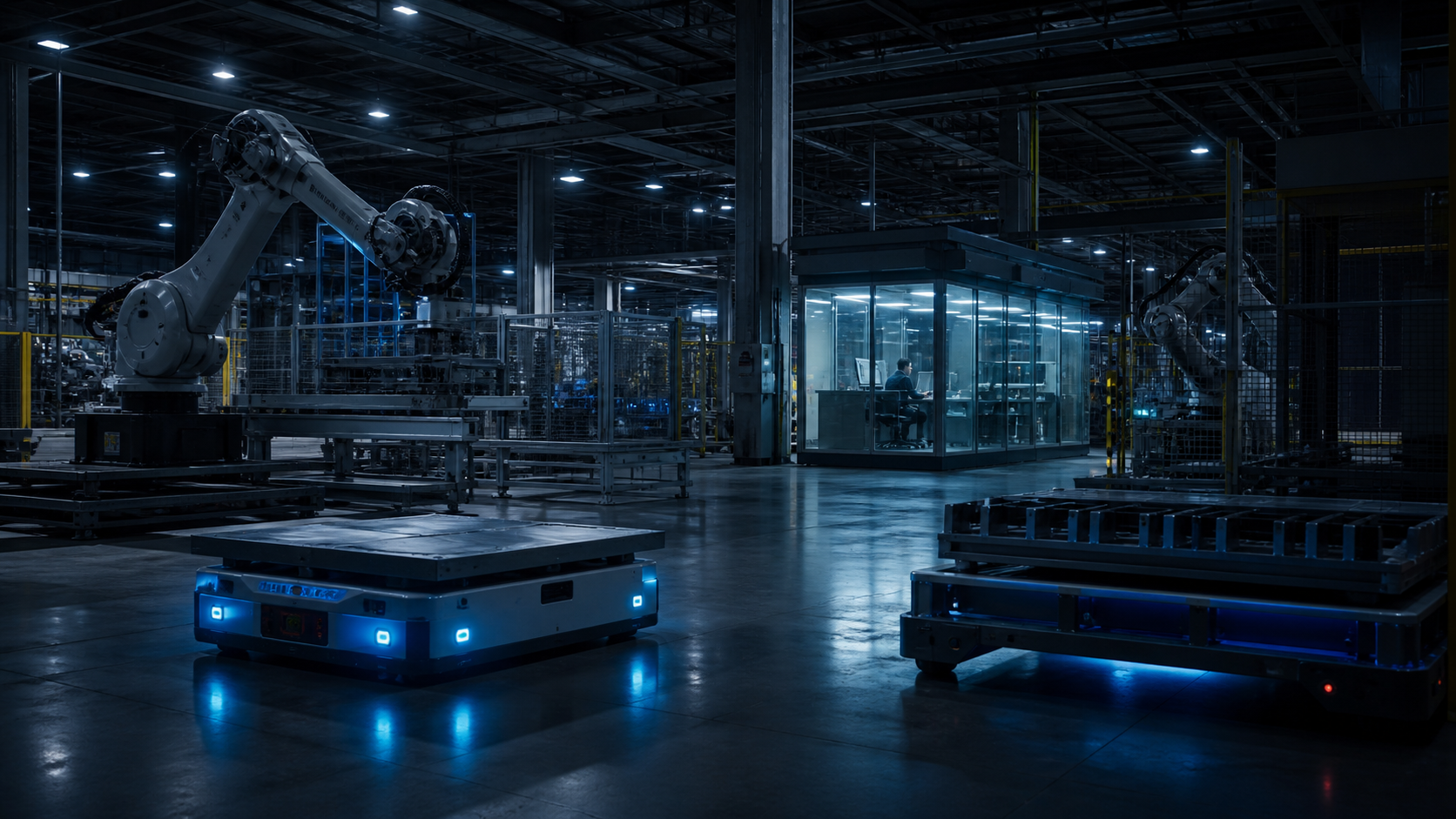 Automatisierte Fabrik bei Nacht mit Robotern und menschlichem Kontrollraum [Contenuto visivo creato con l’IA]