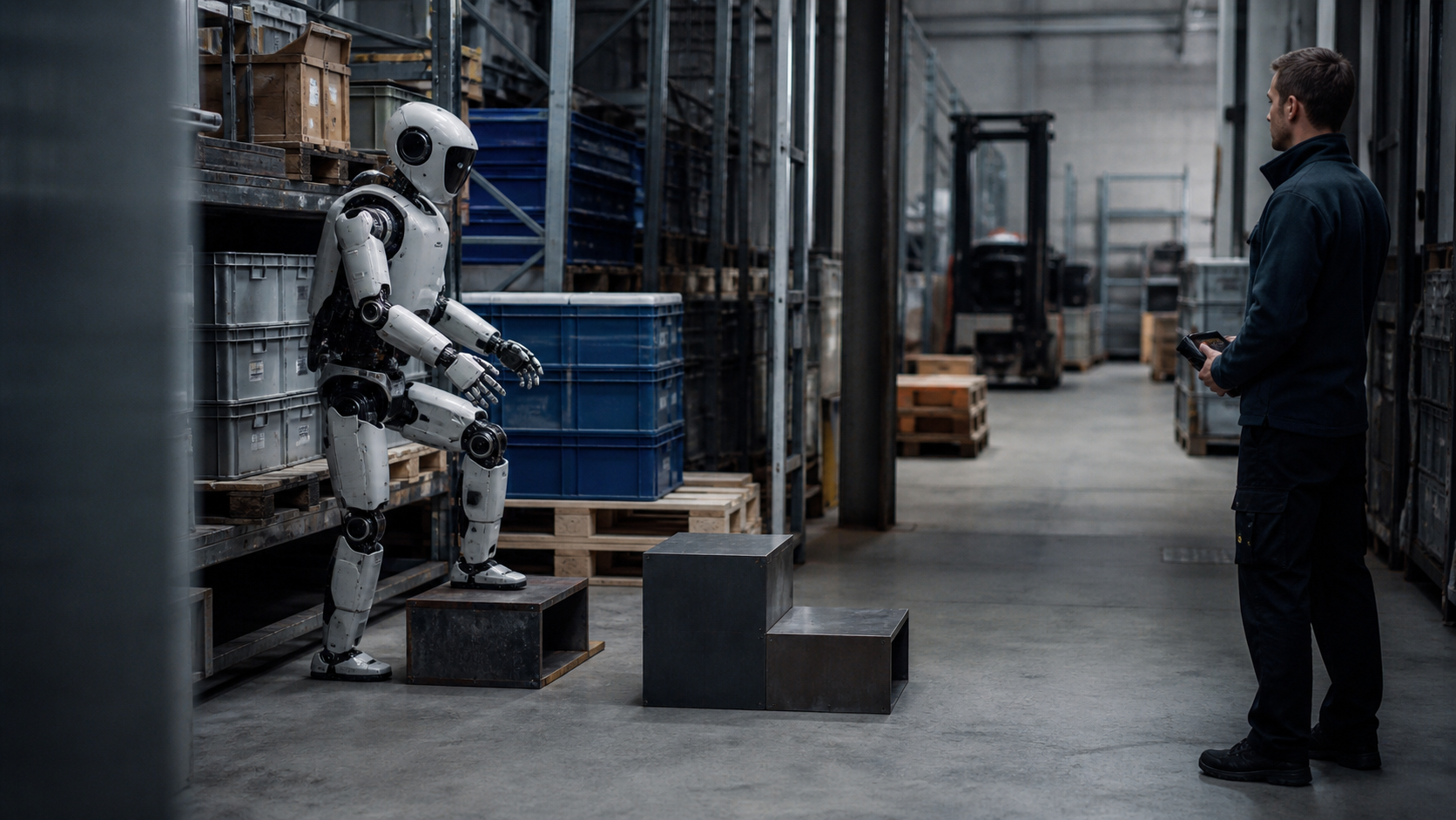 Humanoider KI-Roboter bewältigt eine komplexe Aufgabe in einem Lager [Contenuto visivo creato con l’IA]