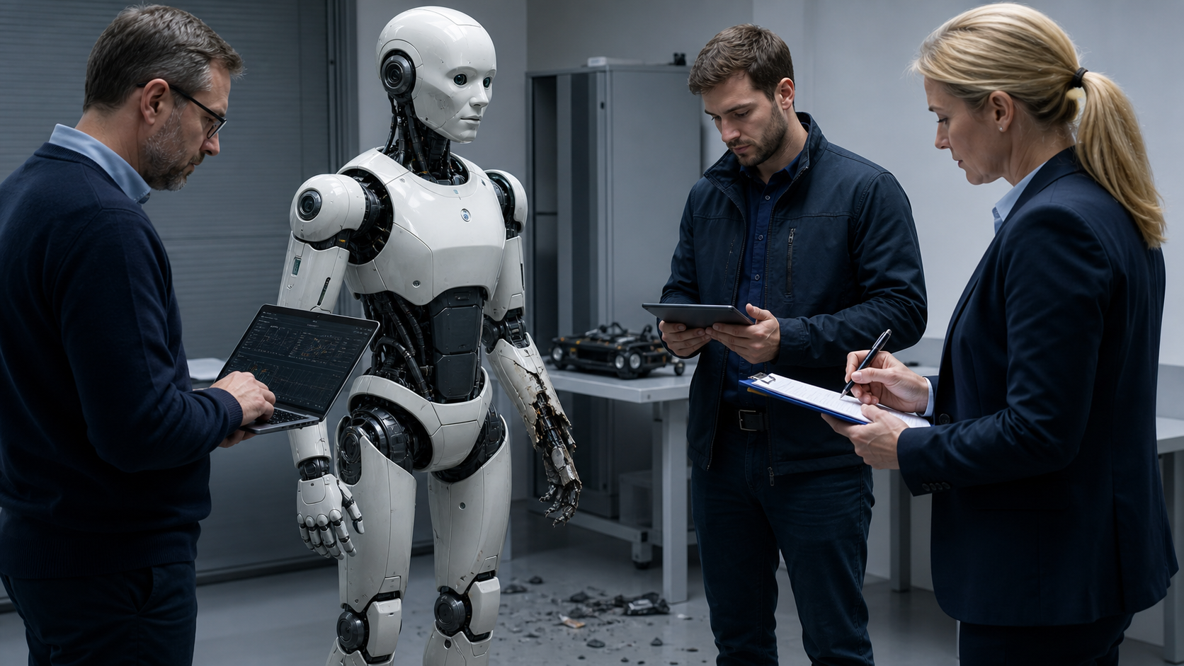 Fachleute untersuchen einen beschädigten humanoiden Roboter nach einem Vorfall [Contenuto visivo creato con l’IA]