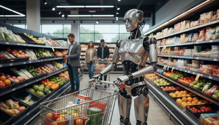 Darf ein humanoider Roboter alleine im Supermarkt einkaufen? [Bildinhalt mit KI erstellt]