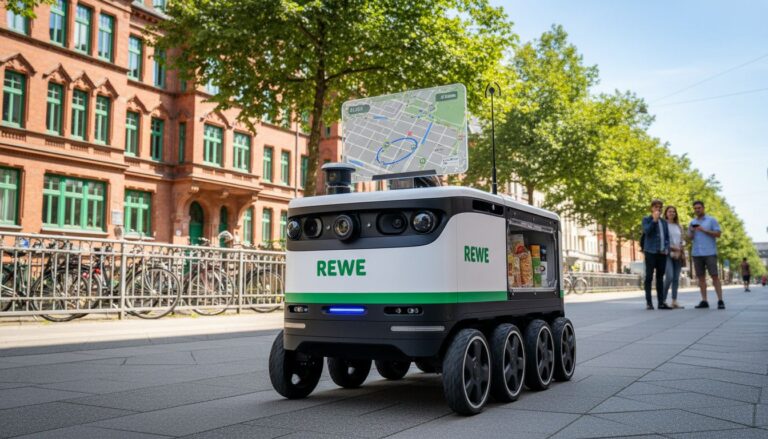 Roboter liefern Rewe Einkauf [Bildinhalt mit KI erstellt]