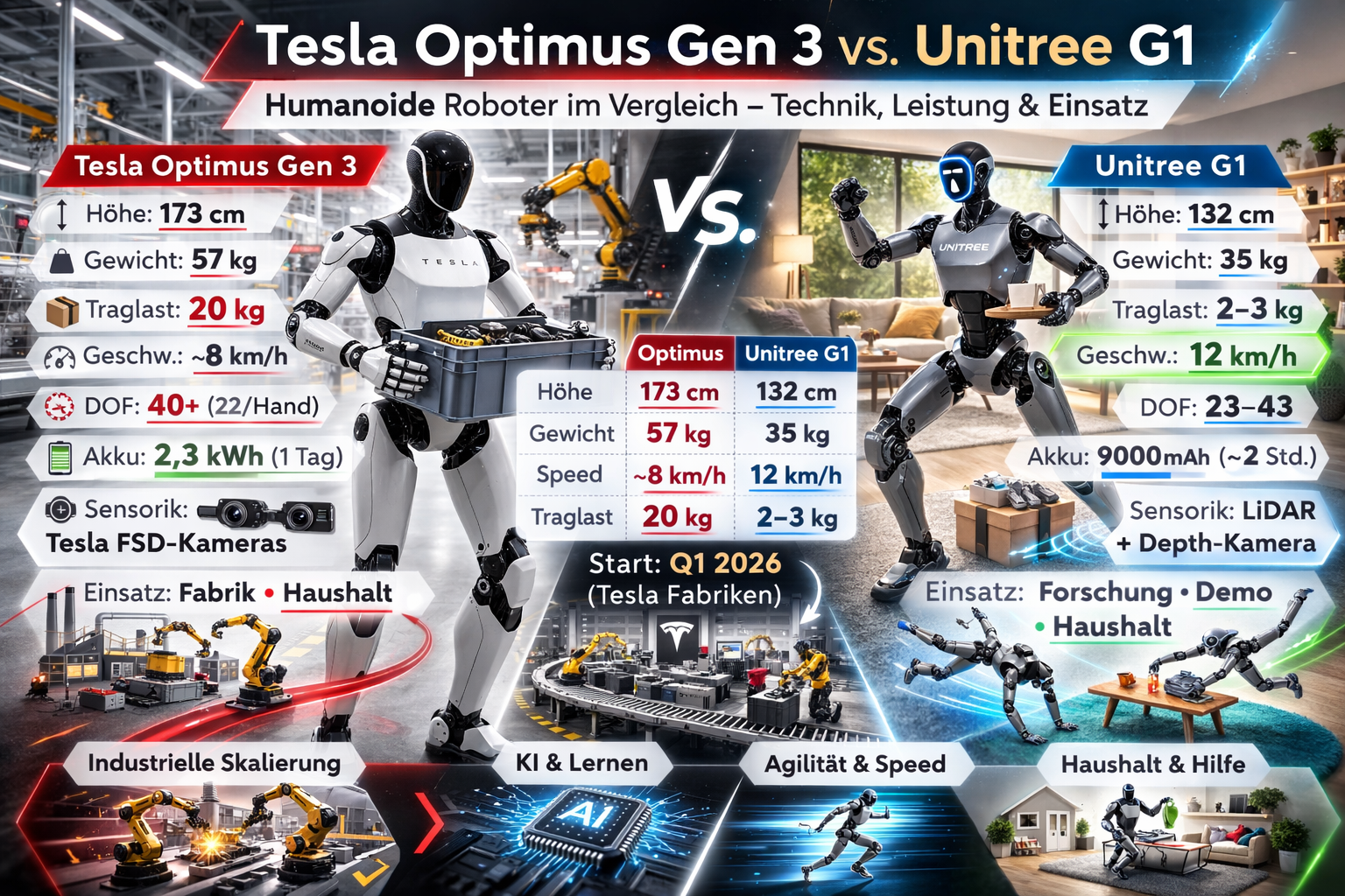 Tesla Optimus Gen 3 vs. Unitree G1