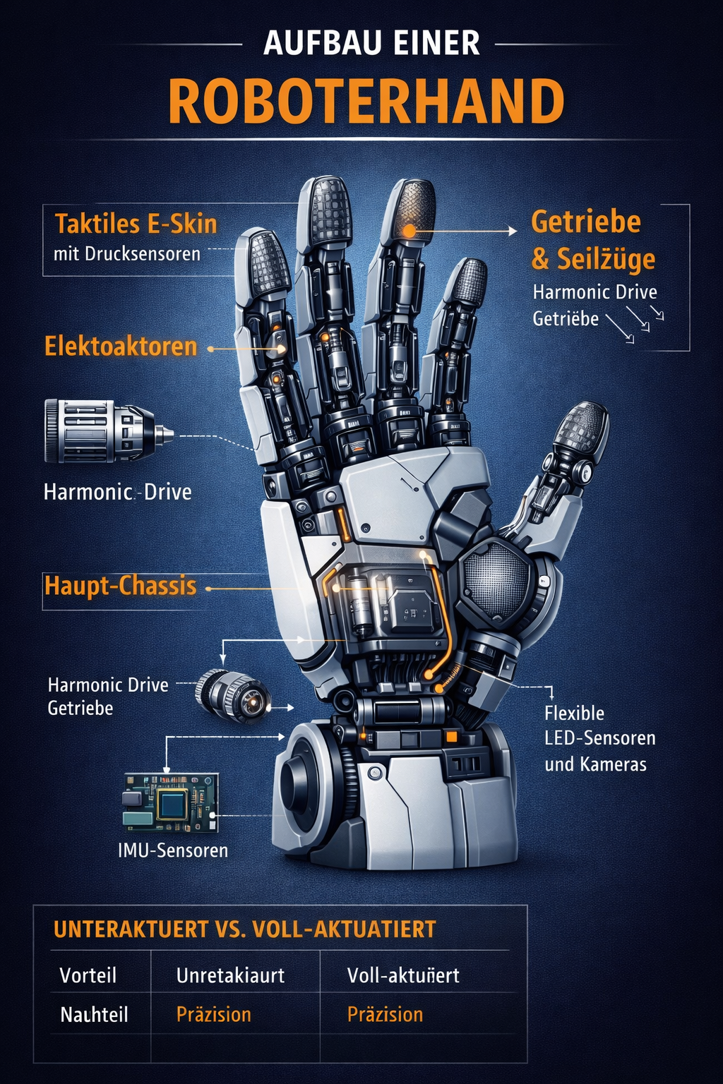 Die Anatomie humanoider Roboter 2026: Ein tiefer Einblick in die Hardware-Evolution 3 Infografik. Aufbau einer Roboterhand