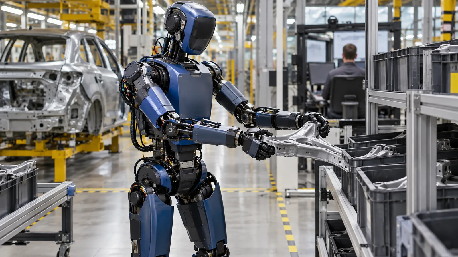 Humanoider Roboter sortiert Fahrzeugteile in einer Autofabrik [Bildinhalt mit KI erstellt]