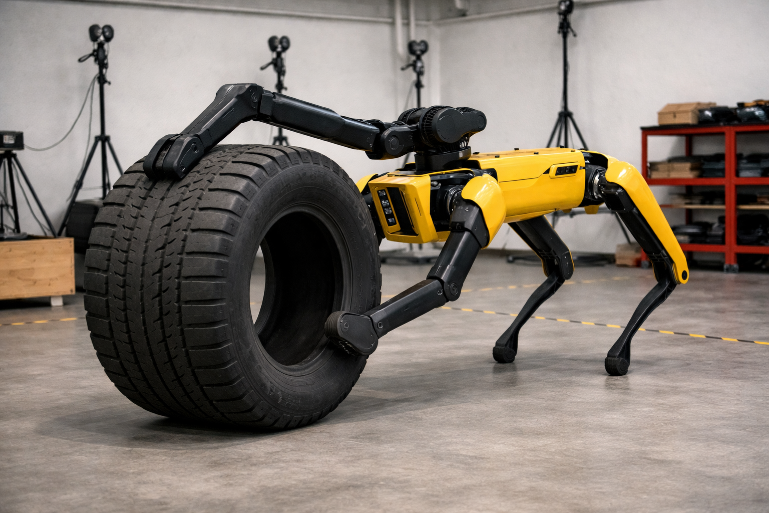 Spot roboter schiebt riesigen Reifen