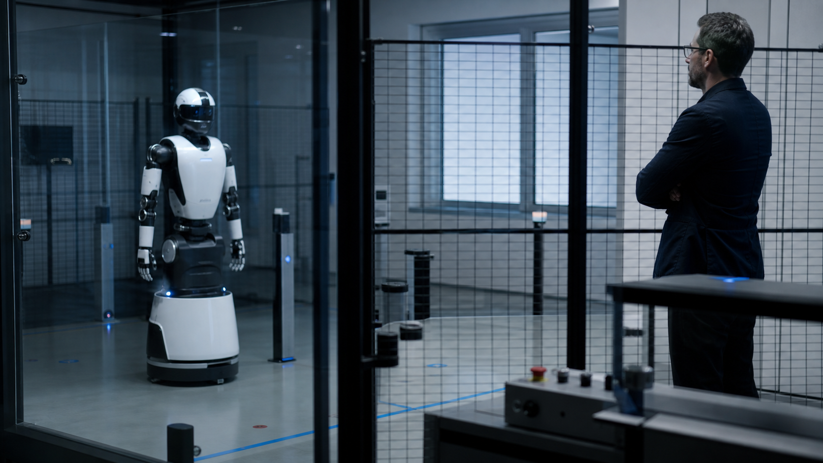 Sicherheitsingenieur überwacht einen humanoiden Roboter in einem Testlabor [Bildinhalt mit KI erstellt]