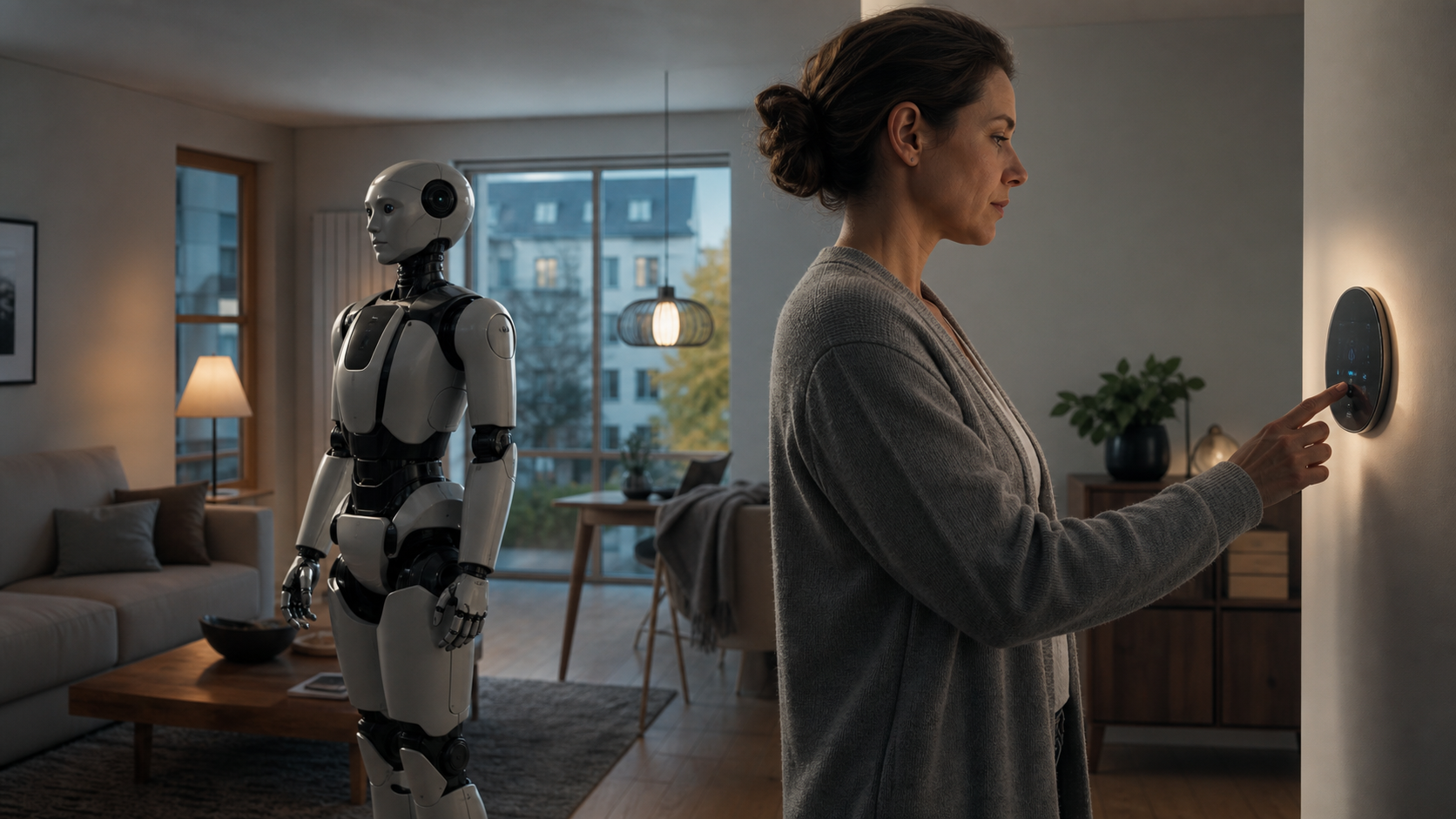 Bewohnerin prüft die Datenschutzeinstellungen eines Haushaltsroboters [Contenu visuel créé avec l’IA]