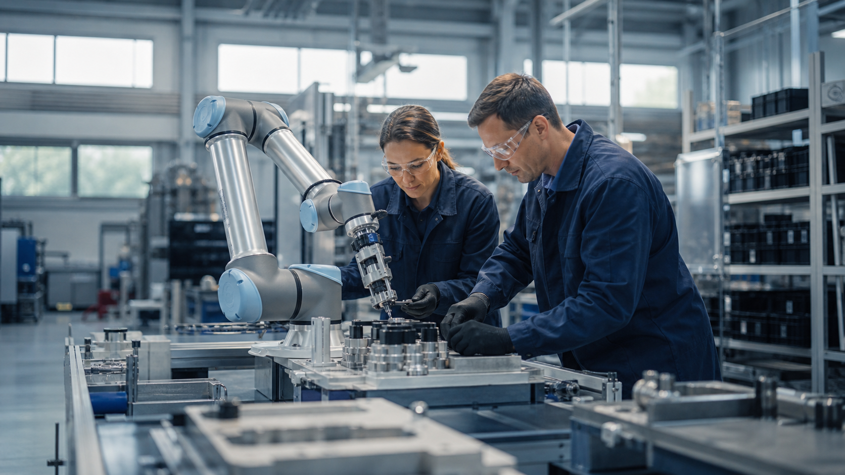 Cobot und Fachkräfte arbeiten gemeinsam an einer Montagestation [Bildinhalt mit KI erstellt]