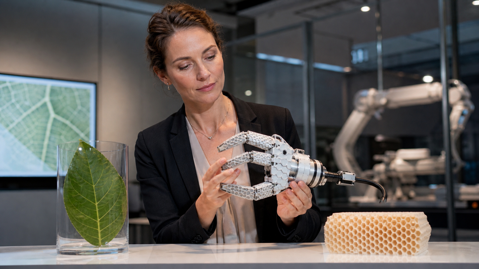 KI-generierte Symbolaufnahme: Forscherin mit bionischem Robotergreifer, Blatt und Wabenstruktur [Bildinhalt mit KI erstellt]