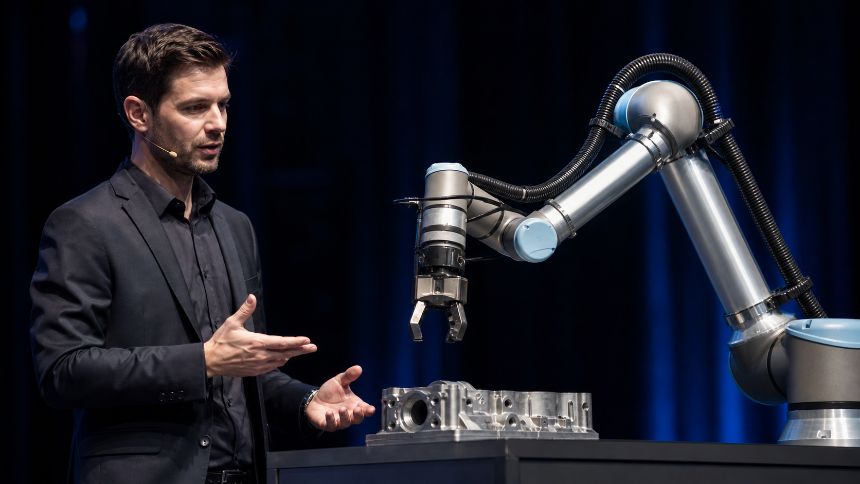 KI-generierte Symbolaufnahme: Robotik-Präsentation mit Roboterarm und Parallelgreifer über einem Metallbauteil [Bildinhalt mit KI erstellt]