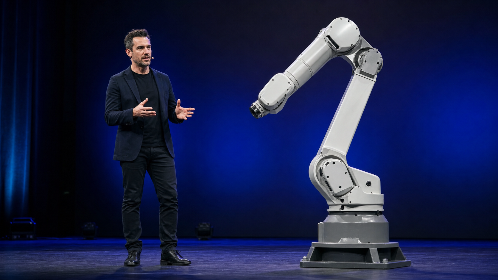 KI-generierte Symbolaufnahme: Robotik-Präsentation mit einem sechsachsigen Industrieroboterarm [Bildinhalt mit KI erstellt]