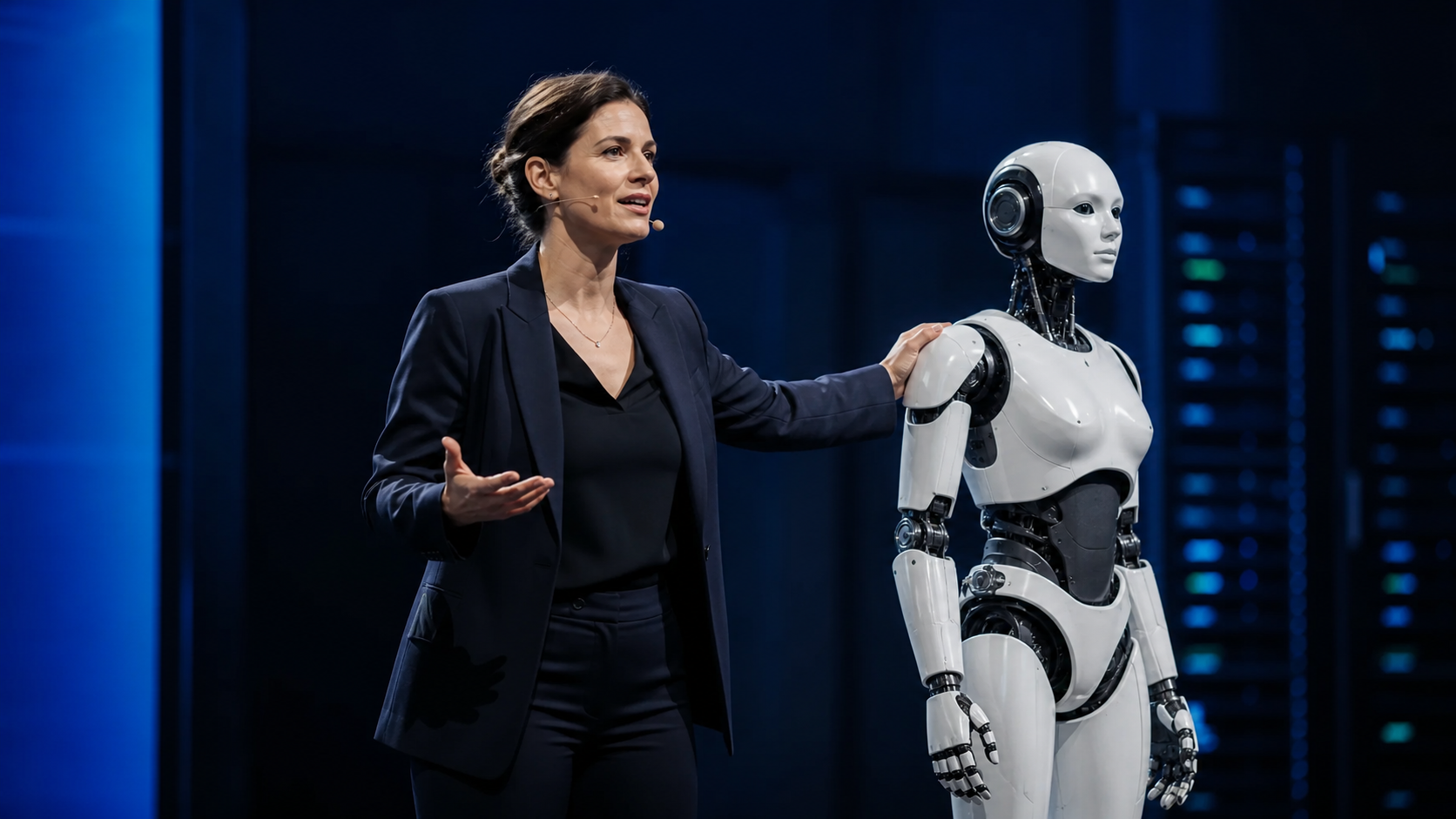KI-generierte Symbolaufnahme einer KI-Präsentation mit humanoidem Roboter und Datenservern [Bildinhalt mit KI erstellt]