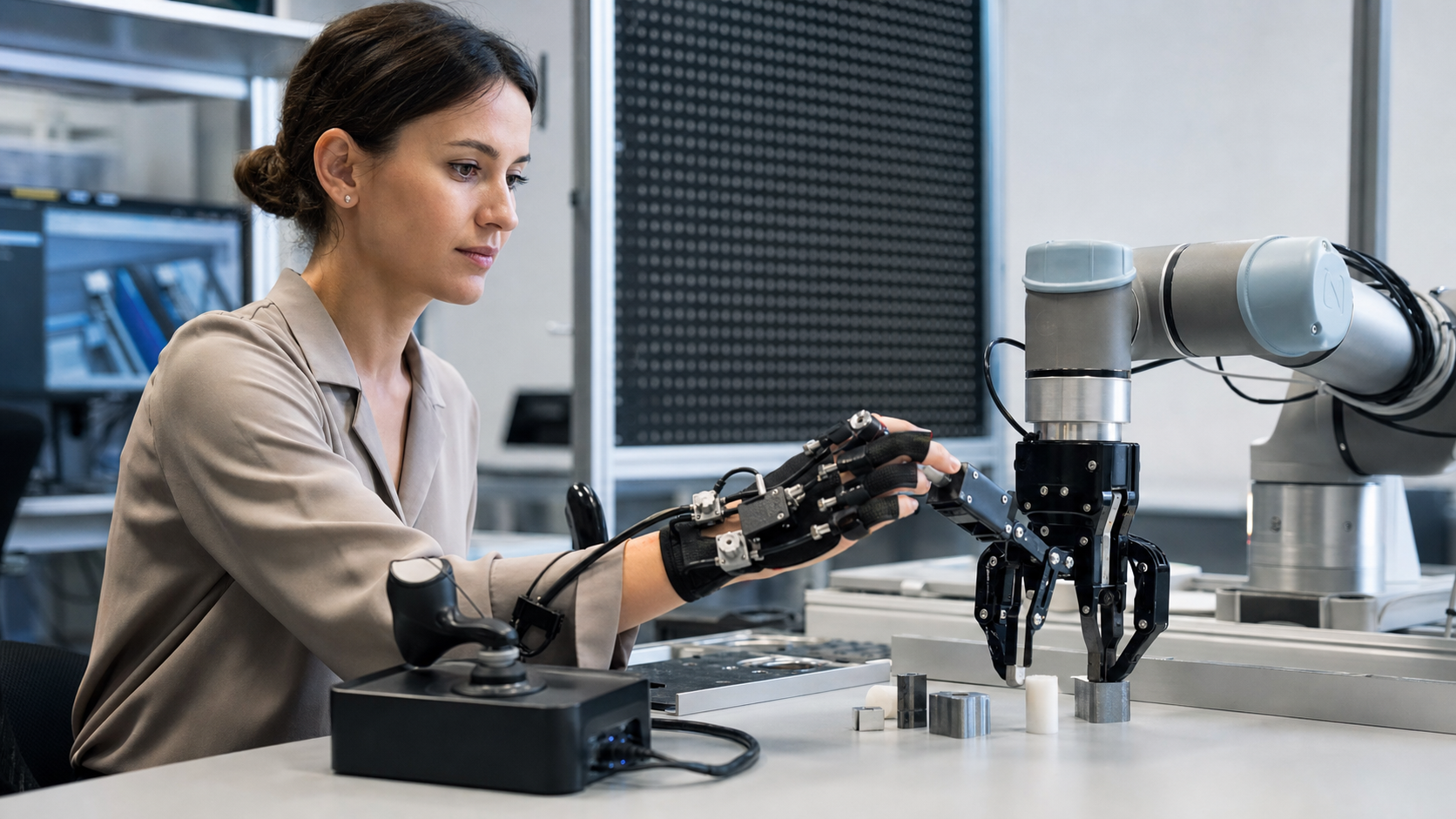 KI-generierte Symbolaufnahme: Forscherin steuert Roboter mit haptischem Handschuh [Bildinhalt mit KI erstellt]