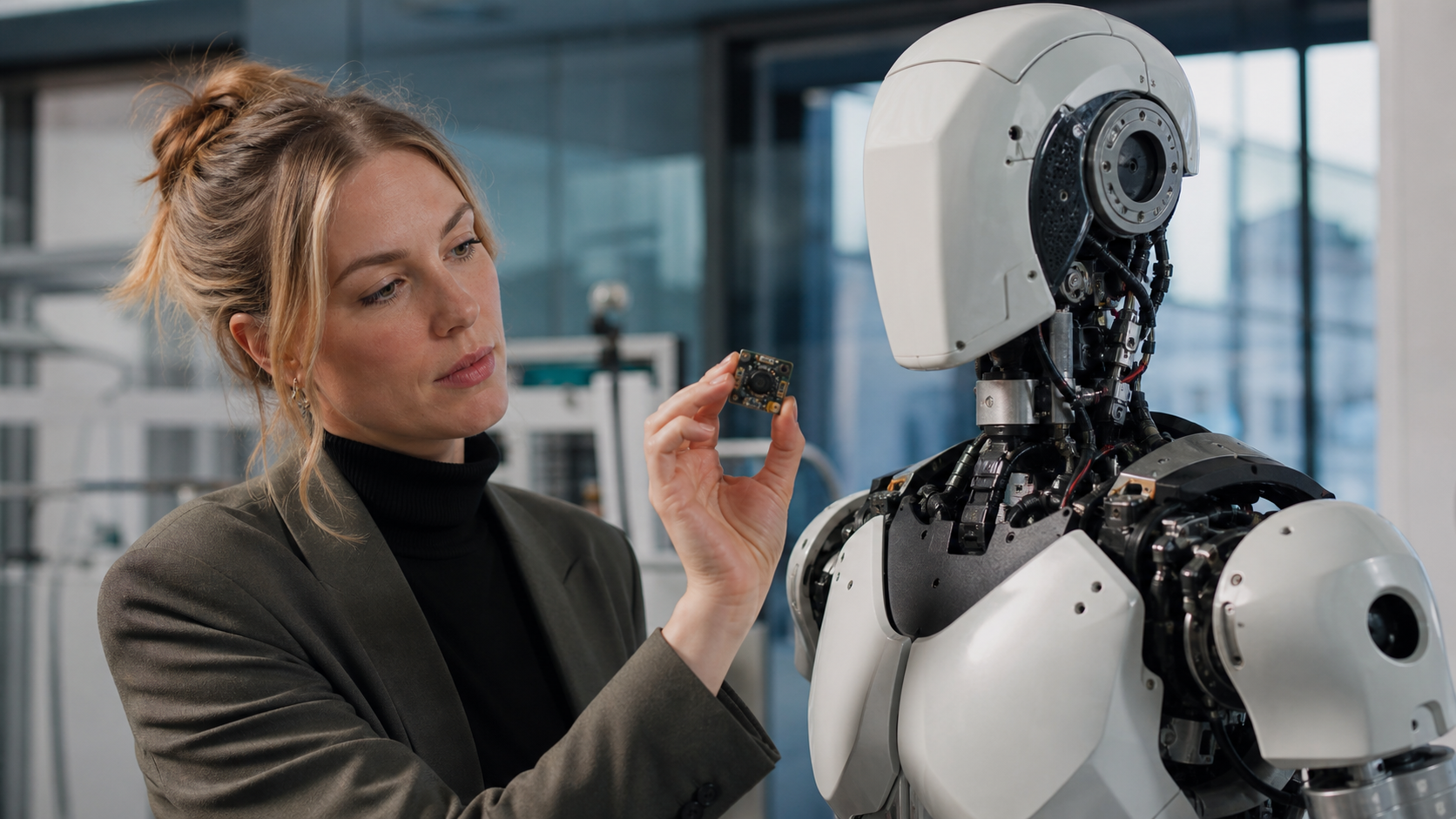 KI-generierte Symbolaufnahme: Robotikforscherin zeigt eine kompakte IMU-Sensorplatine neben einem humanoiden Forschungsroboter [Bildinhalt mit KI erstellt]