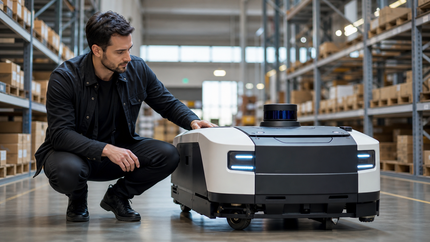 KI-generierte Symbolaufnahme: Mitarbeiter mit mobilem Lagerroboter und sichtbarem LiDAR-Scanner [Bildinhalt mit KI erstellt]