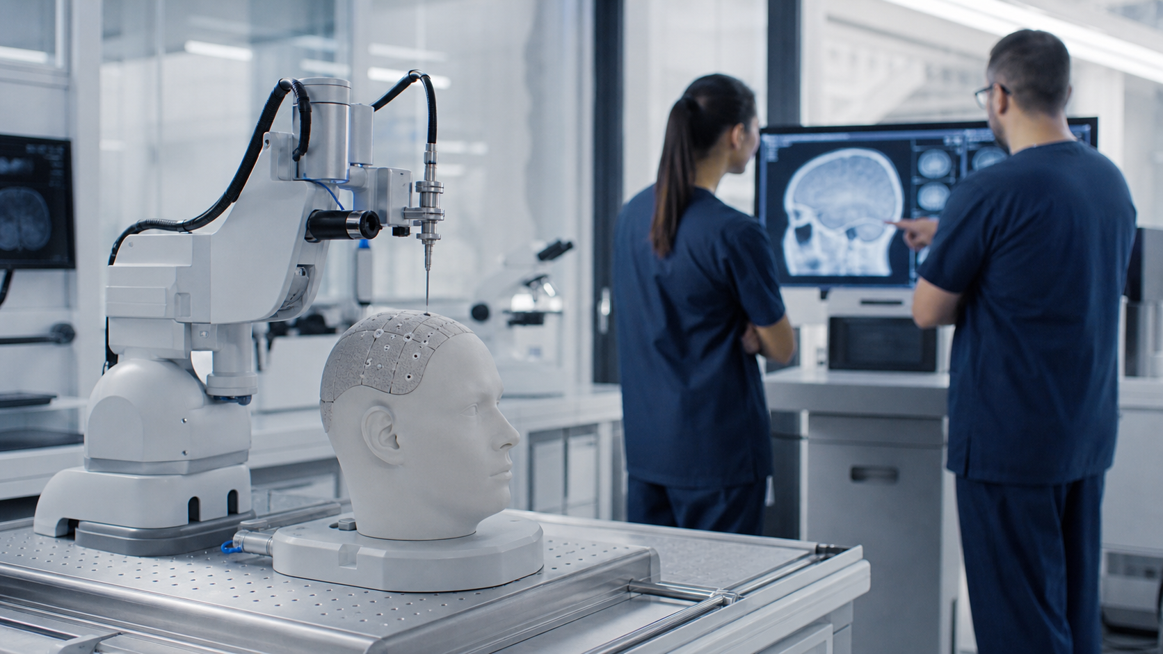 Robotisches Forschungsinstrument neben einem Kopfmodell in einem Neurochirurgie-Labor [Bildinhalt mit KI erstellt]