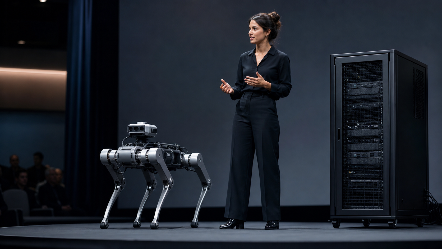 KI-generierte Symbolaufnahme: Robotik-Präsentation mit Laufroboter und Serverrack [Bildinhalt mit KI erstellt]