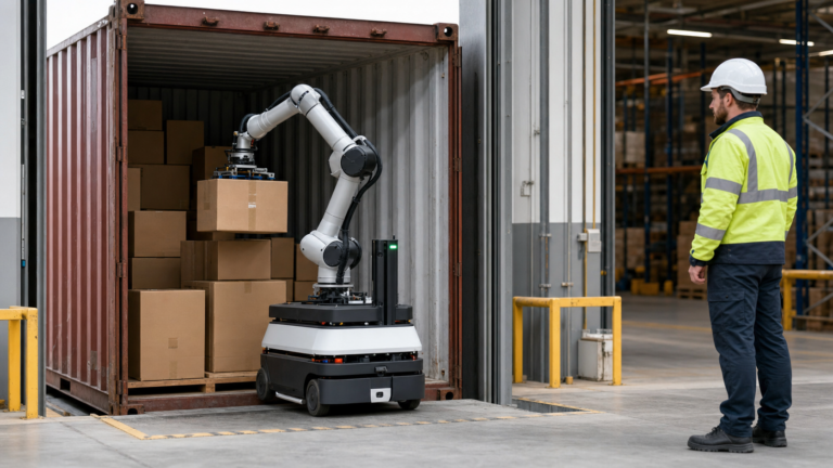 Mobiler Roboterarm entlädt Kartons aus einem Frachtcontainer [Bildinhalt mit KI erstellt]