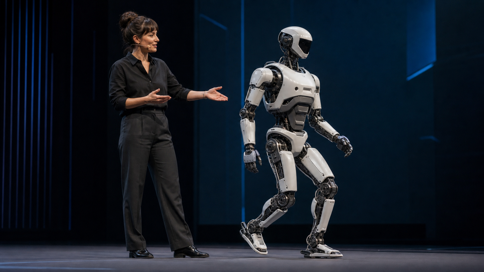 KI-generierte Symbolaufnahme einer Robotik-Präsentation: humanoider Roboter beim balancierten Schritt neben einer Präsentatorin [Bildinhalt mit KI erstellt]