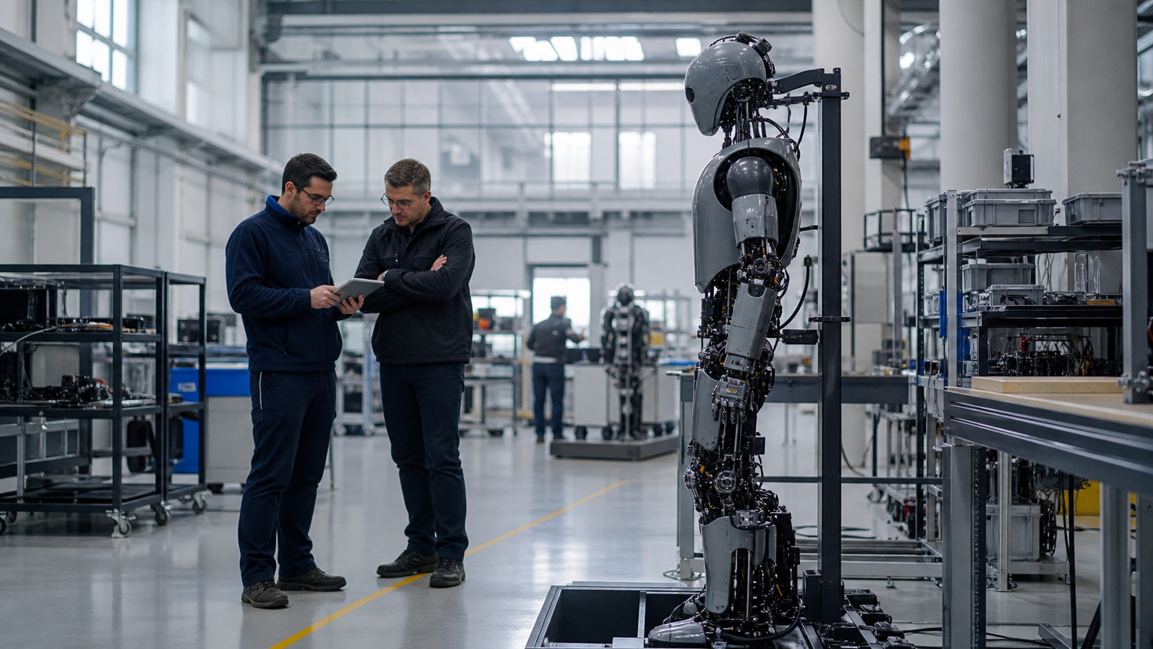 Humanoider Roboter und Techniker in einer modernen Fabrikumgebung [Bildinhalt mit KI erstellt]
