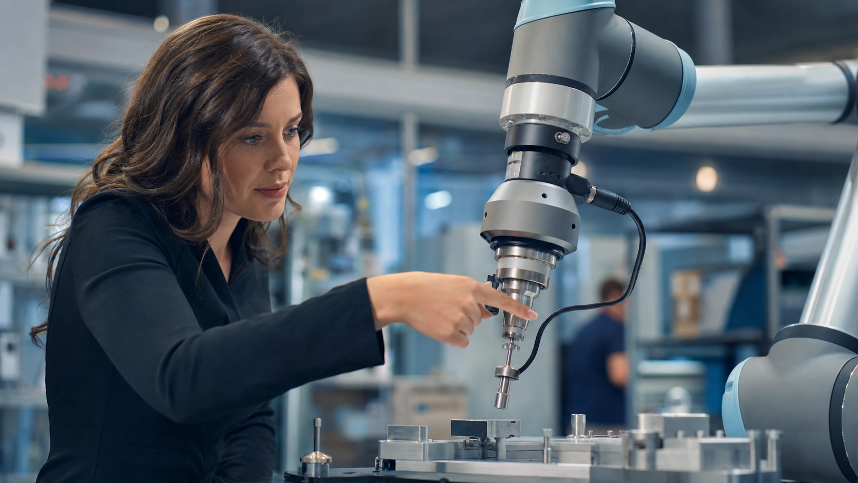 KI-generierte Symbolaufnahme: Ingenieurin demonstriert eine drehmomentgeregelte Kontaktaufgabe mit Roboterarm [Bildinhalt mit KI erstellt]