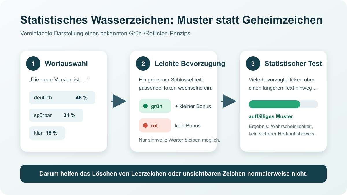 Schematische Erklärung eines statistischen Text-Wasserzeichens mit Wortauswahl, leichter Token-Bevorzugung und statistischer Erkennung [Bildinhalt mit KI erstellt]