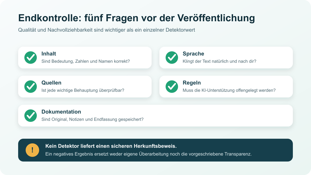 Checkliste zur Endkontrolle eines KI-unterstützten Textes mit Inhalt, Sprache, Quellen, Regeln und Dokumentation [Bildinhalt mit KI erstellt]