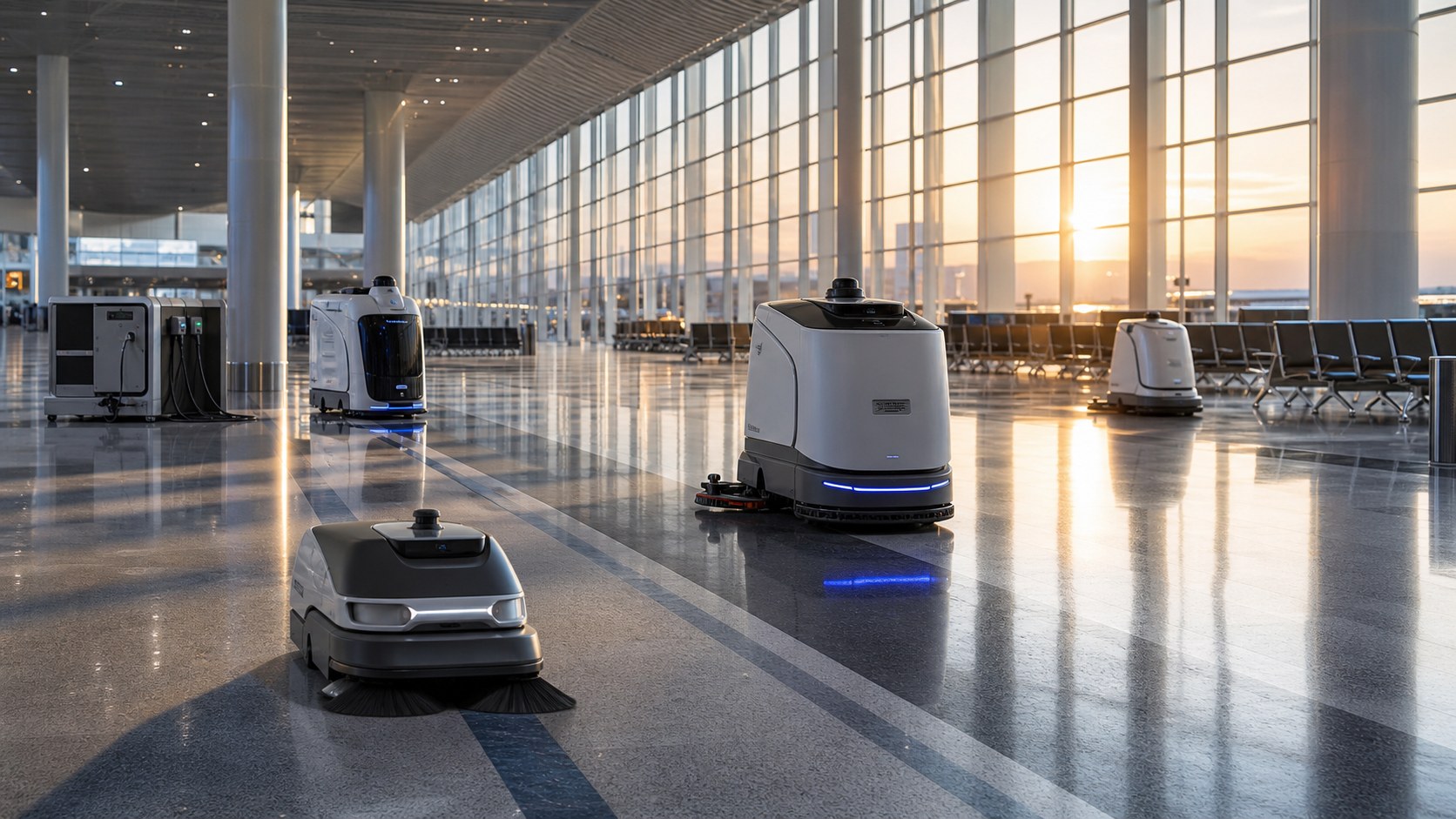 Autonome Reinigungsroboter arbeiten koordiniert in einem Flughafen-Terminal [Bildinhalt mit KI erstellt]