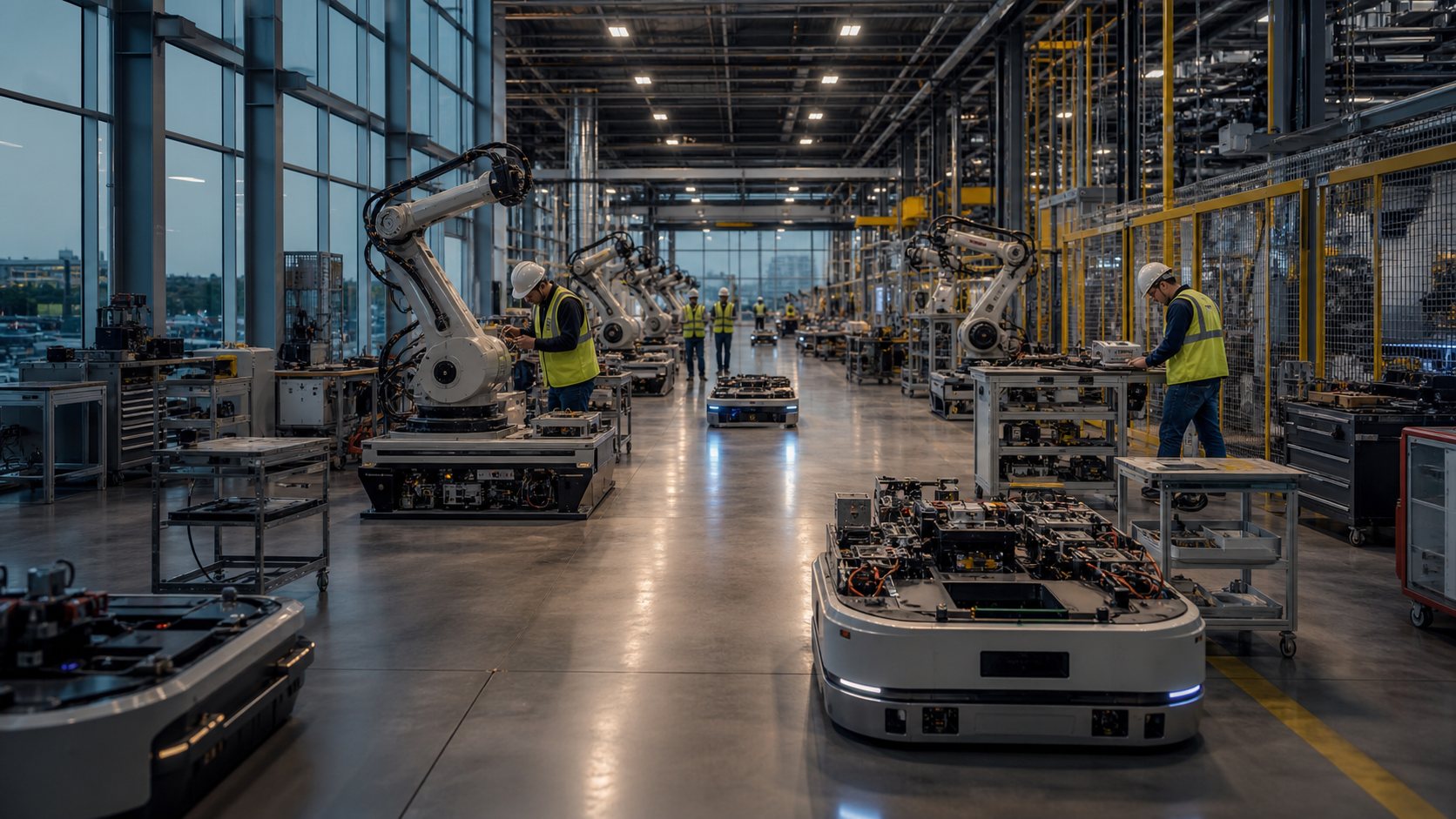 Robotic systems moving through a large advanced manufacturing facility [Image content created with AI]