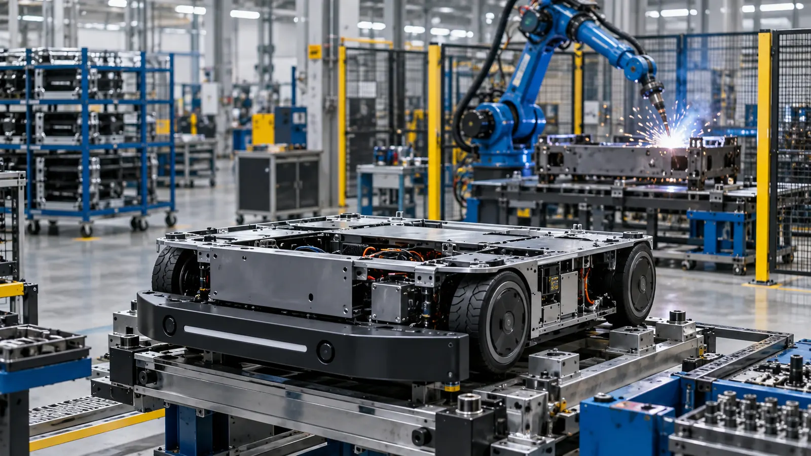 Moderne realistische Fertigung von Logistikrobotern und Metallbaugruppen in einer US-Fabrik [Bildinhalt mit KI erstellt]