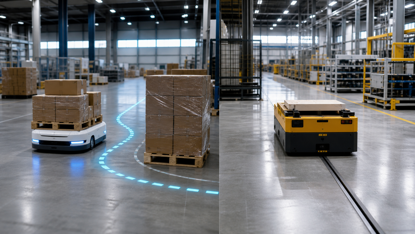 Autonomer mobiler Roboter umfährt ein Hindernis neben einem spurgeführten Transportfahrzeug [Bildinhalt mit KI erstellt]