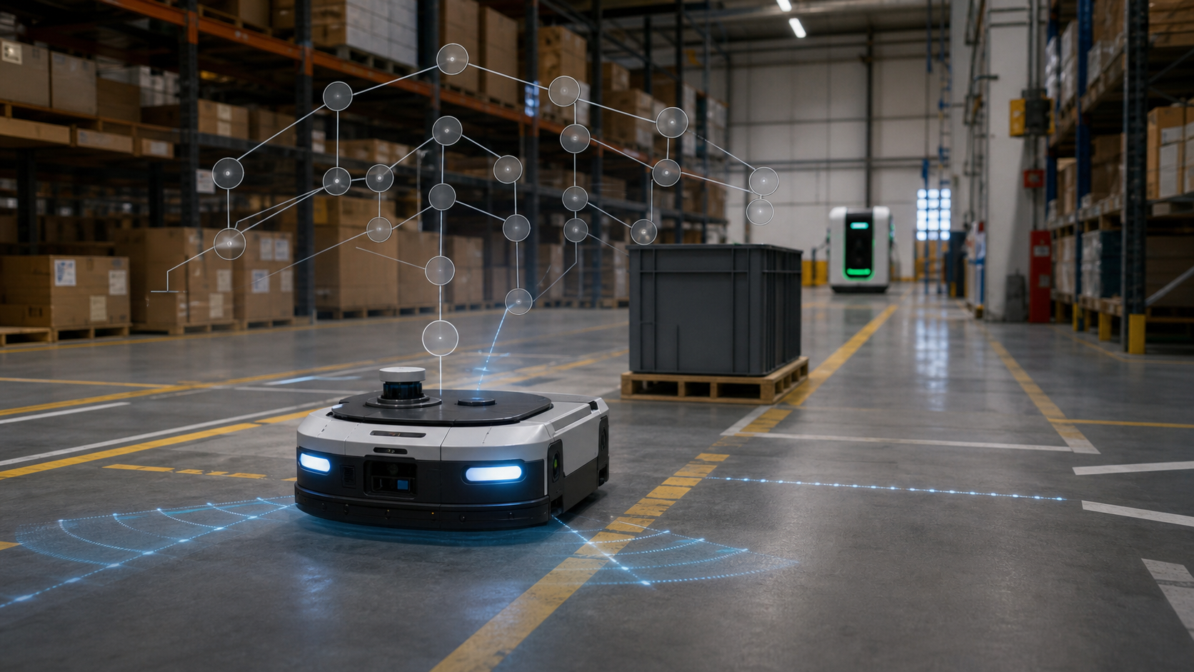 Autonomous warehouse robot guided by a visualized behavior tree decision hierarchy [Image content created with AI]