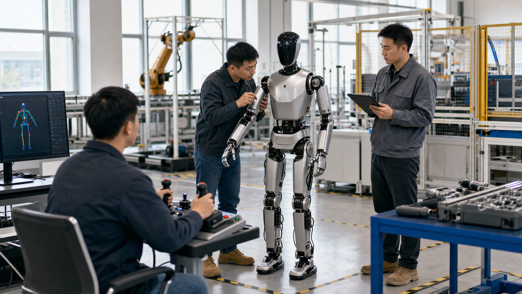 Chinesische Robotikfachkräfte trainieren und warten einen humanoiden Roboter [Contenu visuel créé avec l’IA]