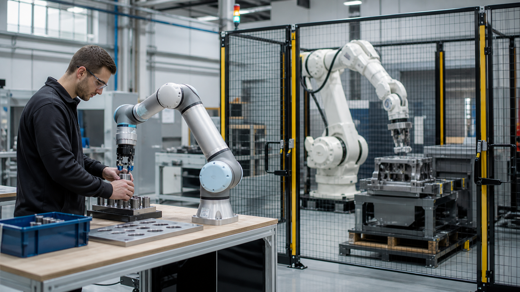 Cobot am Montageplatz und klassischer Industrieroboter in einer abgesicherten Zelle [Image content created with AI]
