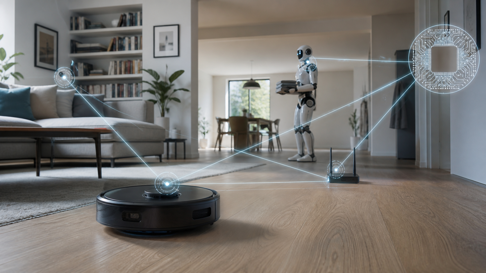Saugroboter und humanoider Serviceroboter sind in einer modernen Wohnung mit Kameras, Lidar, WLAN und einem Computerchip verbunden [Bildinhalt mit KI erstellt]