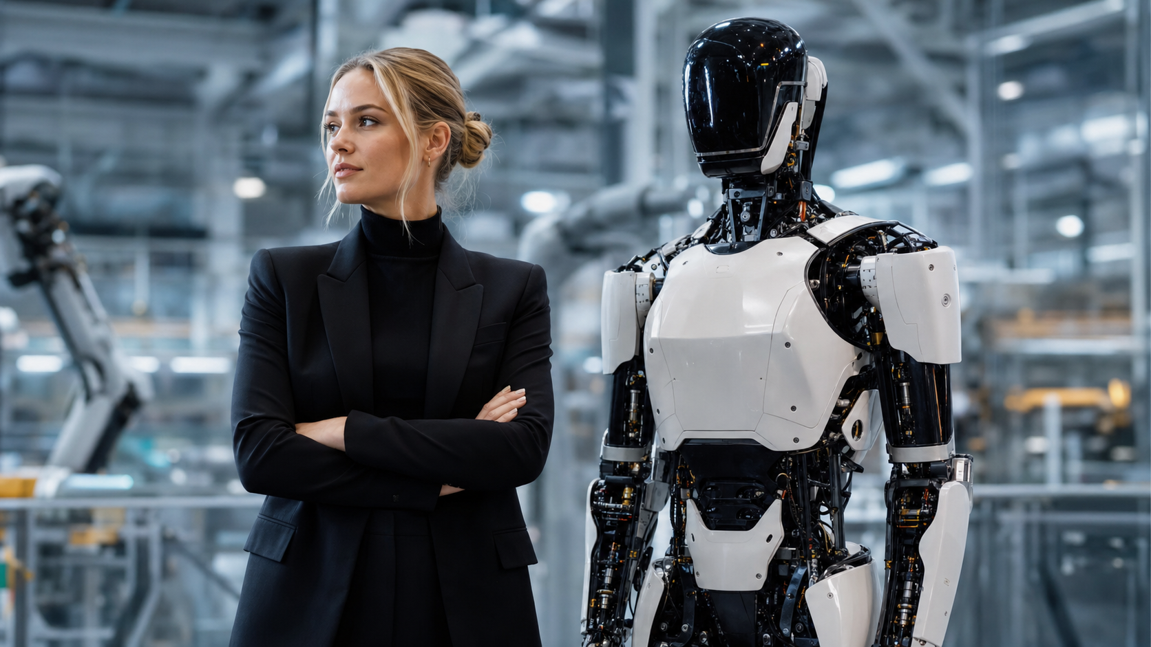 KI-generierte Symbolaufnahme: Ingenieurin mit humanoidem Roboter in einer modernen Fabrik [Bildinhalt mit KI erstellt]