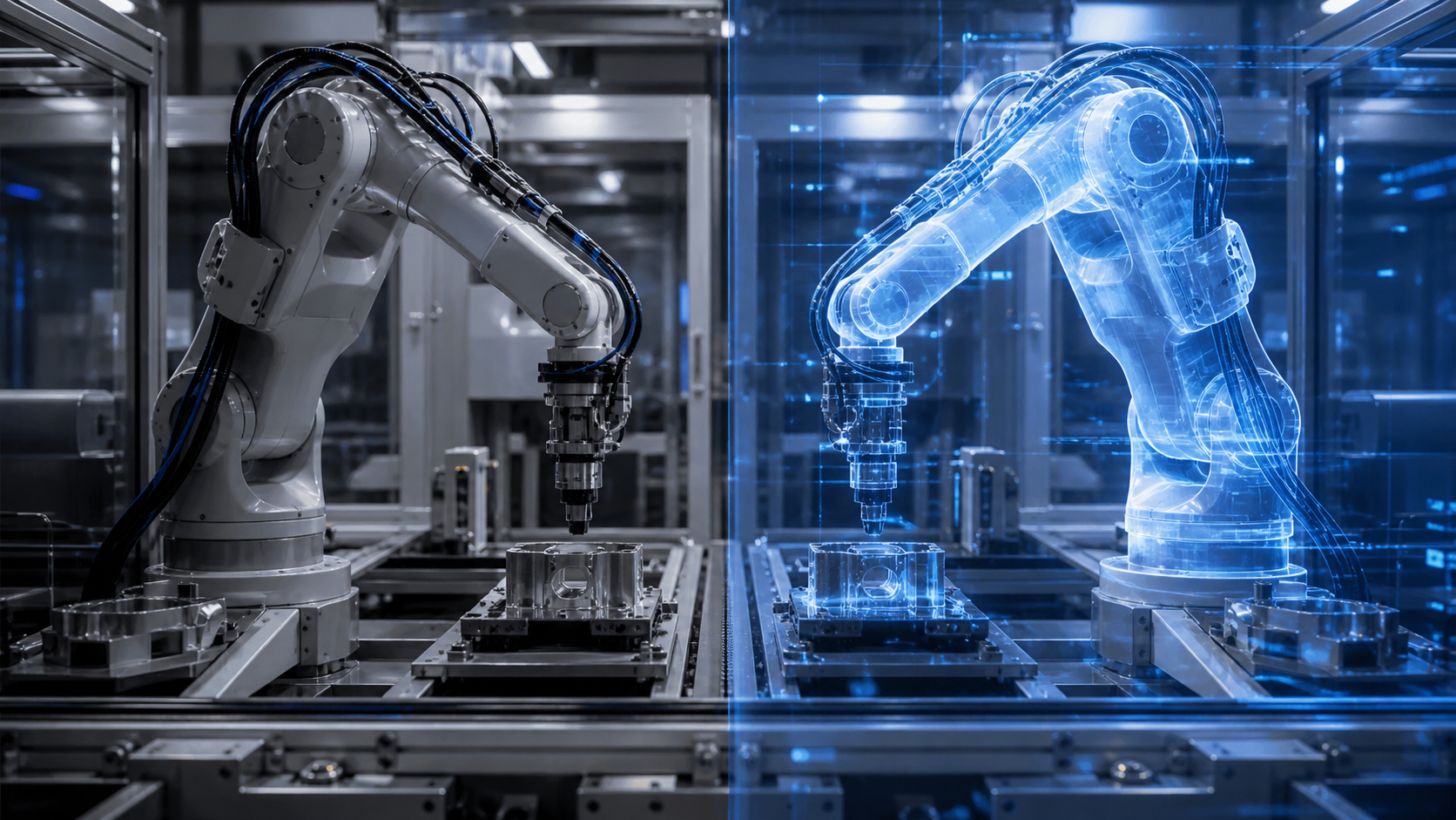 Reale Roboterzelle neben ihrem synchronen digitalen Abbild [Bildinhalt mit KI erstellt]