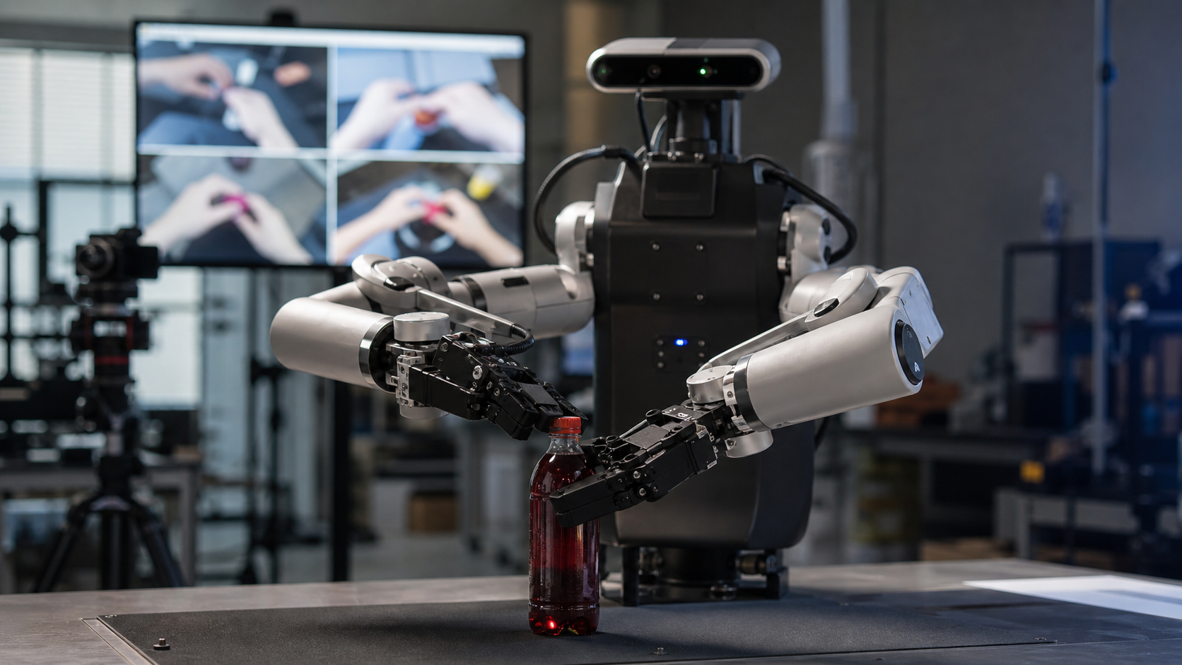 Zweiarmiger Roboter öffnet eine Flasche, während menschliche Handbewegungen auf einem Bildschirm laufen [Bildinhalt mit KI erstellt]