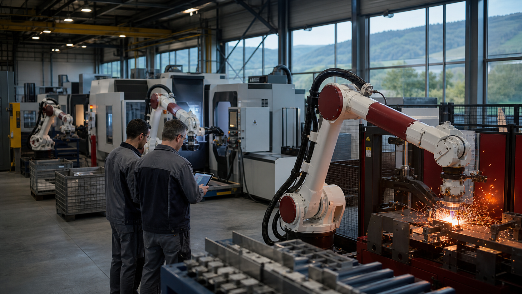 Industrieroboter beladen Werkzeugmaschinen und bearbeiten Metall in einer mittelständischen deutschen Fabrik [Bildinhalt mit KI erstellt]