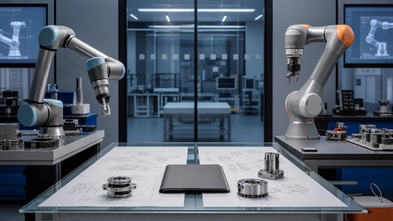 Zwei unterschiedliche kollaborative Roboterarme und technische Unterlagen in einem neutralen Labor [Bildinhalt mit KI erstellt]