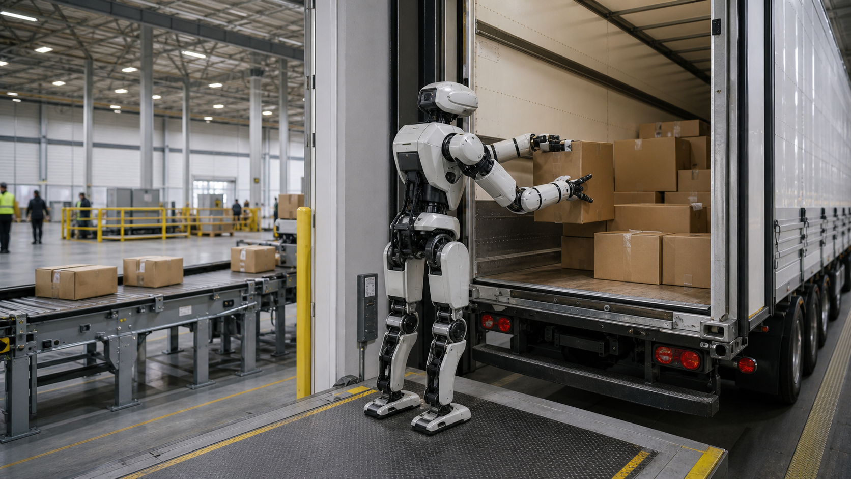 Zweiarmiger Roboter belädt Kartons in einem Trailer im Logistikzentrum [Bildinhalt mit KI erstellt]