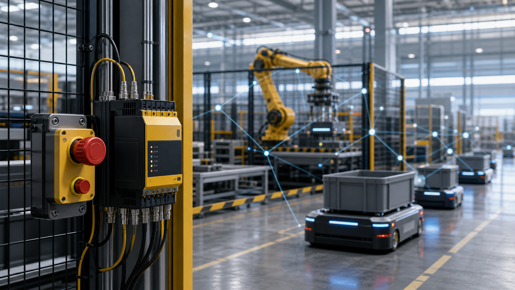 Industrial robot safety controller and autonomous machines in a factory [Bildinhalt mit KI erstellt]