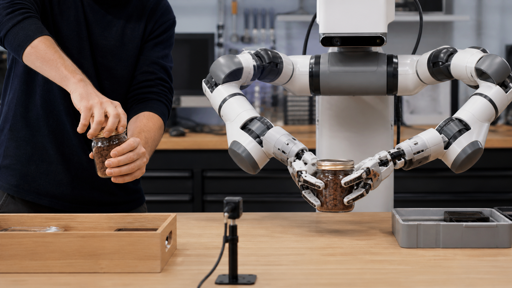 Human demonstrates opening a jar while a robot imitates the task [Image content created with AI]