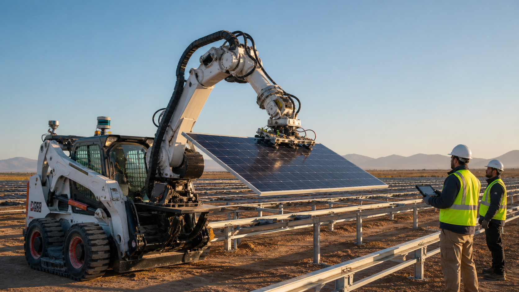 Roboterarm auf einem Kompaktlader positioniert ein Solarmodul auf einem großen Solarpark [Image content created with AI]