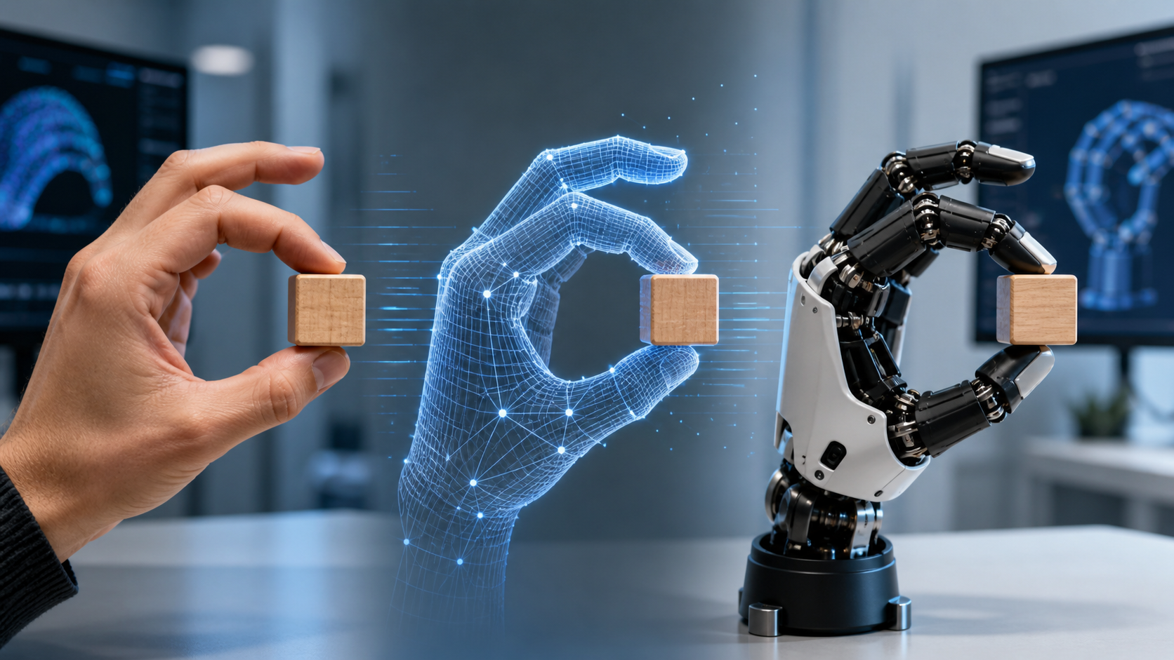 Human hand transformed through a digital mesh into a dexterous robotic hand grasping the same wooden cube [Image content created with AI]