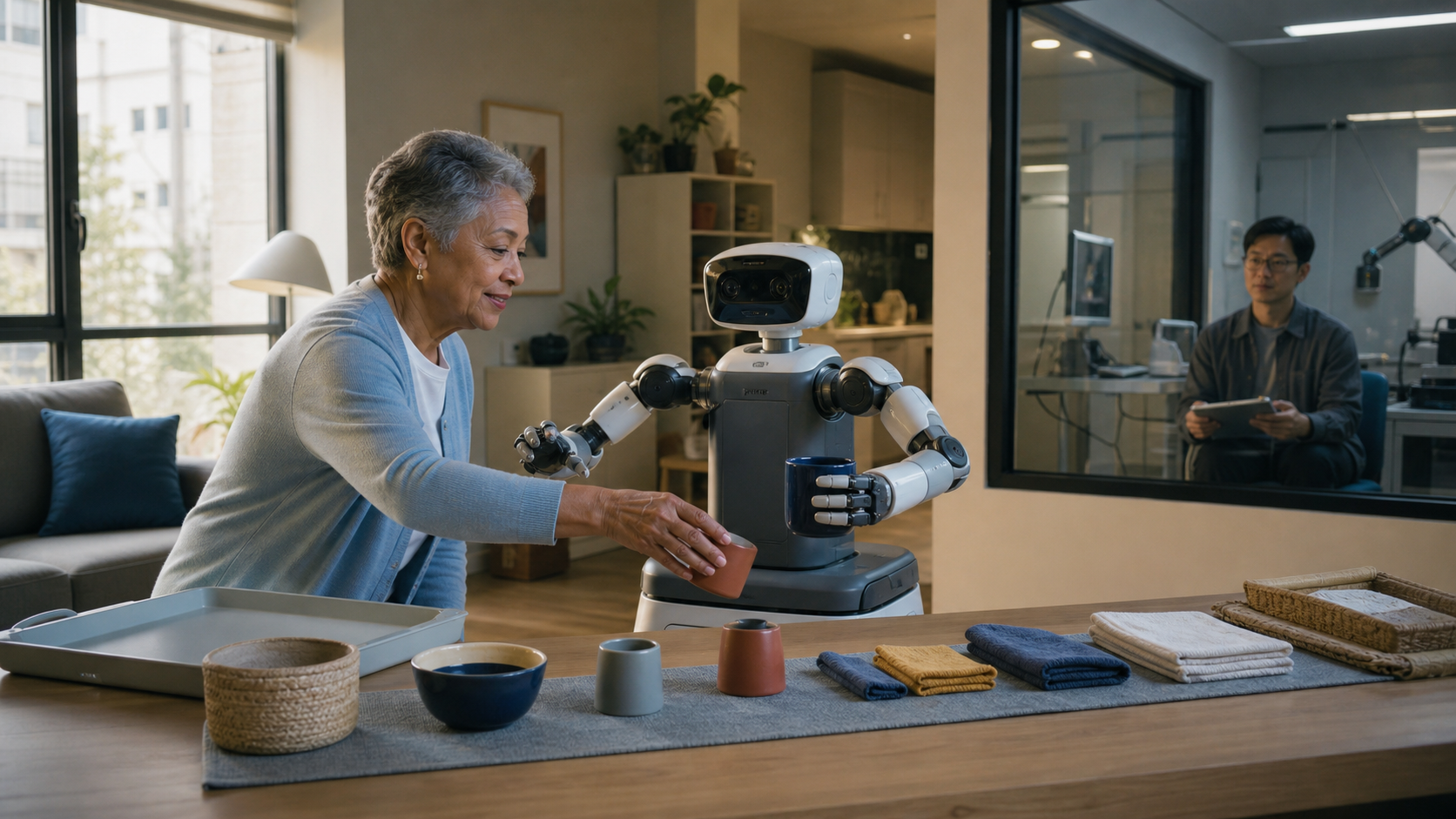 Mensch und Assistenzroboter lernen bei einer Alltagssituation voneinander [Bildinhalt mit KI erstellt]