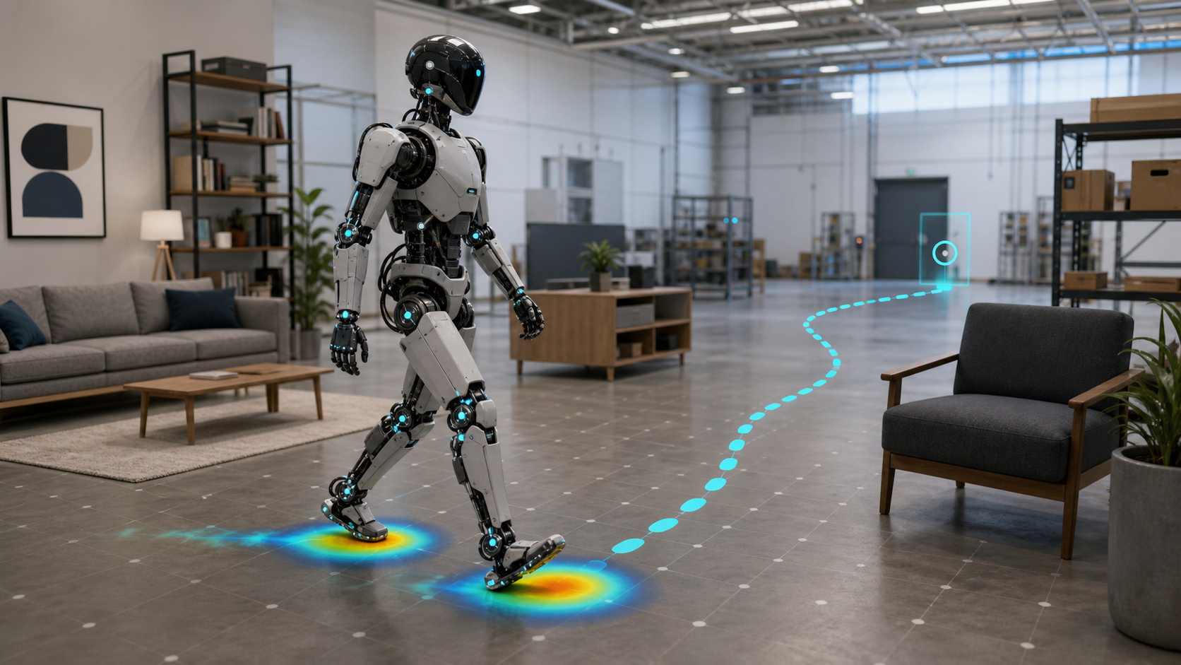 Humanoider Roboter läuft durch eine Testumgebung mit Wärmekarten an den Füßen und einer Navigationsroute um Möbel [Bildinhalt mit KI erstellt]