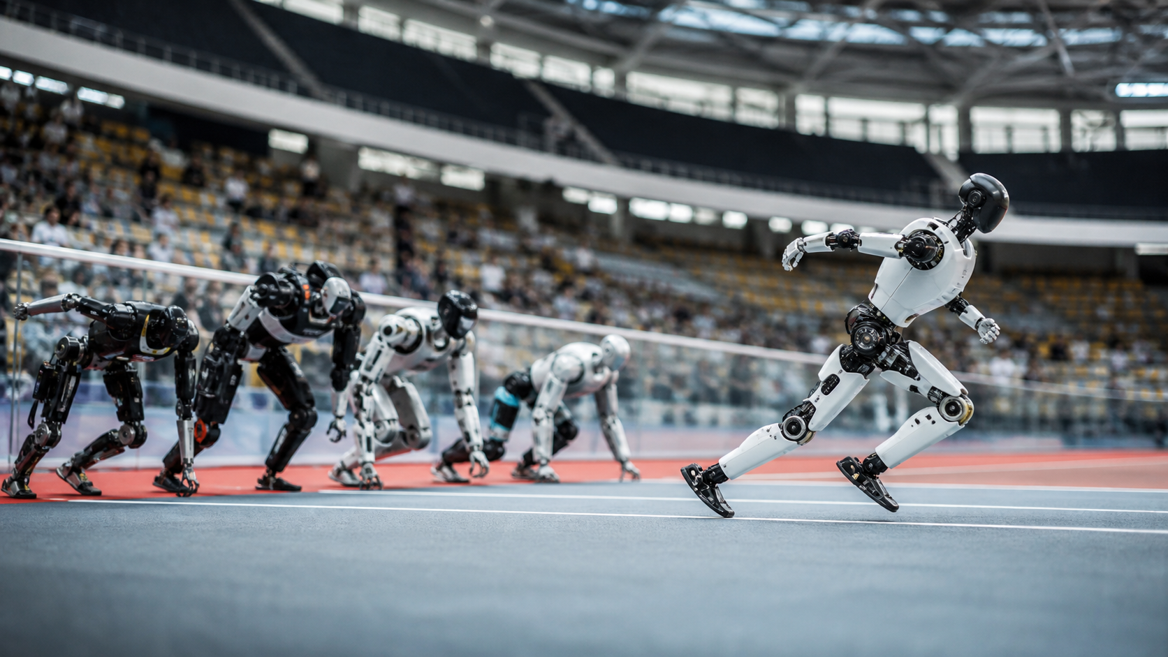 Humanoid robots competing in an autonomous indoor race [Bildinhalt mit KI erstellt]